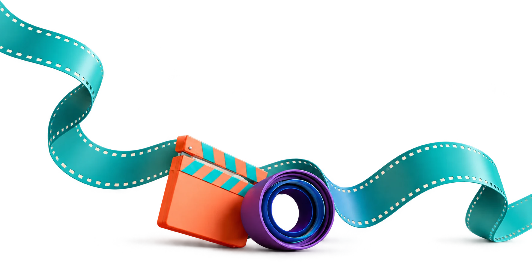 Abstract FYBRI cinema tools: coral clapperboard, violet lens, and turquoise filmstrip